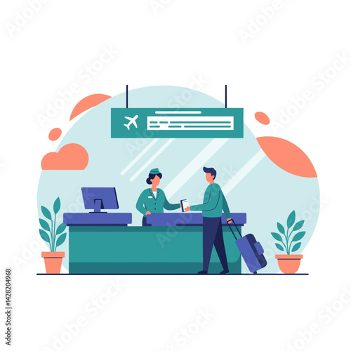 Airport check-in process with customer interacting at counter  