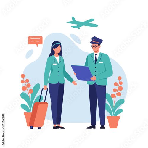 Airline staff discussing travel plans with luggage against a floral backdrop  