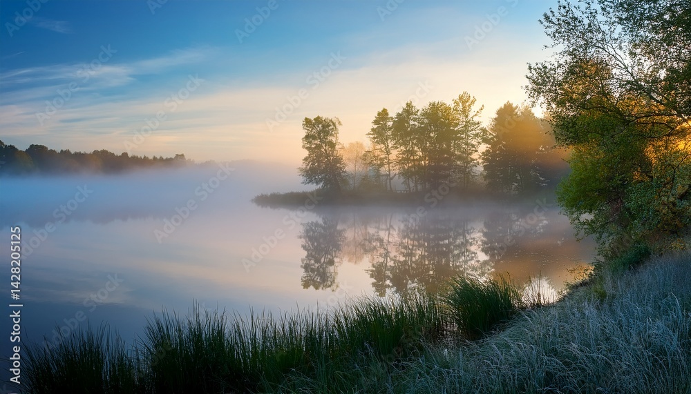Fototapeta premium A tranquil, misty morning scene with soft fog rolling over a calm body of water, surrounded by trees.