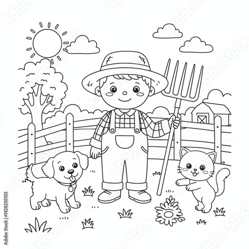 A Cute Farmer With His Farm Animals Friends