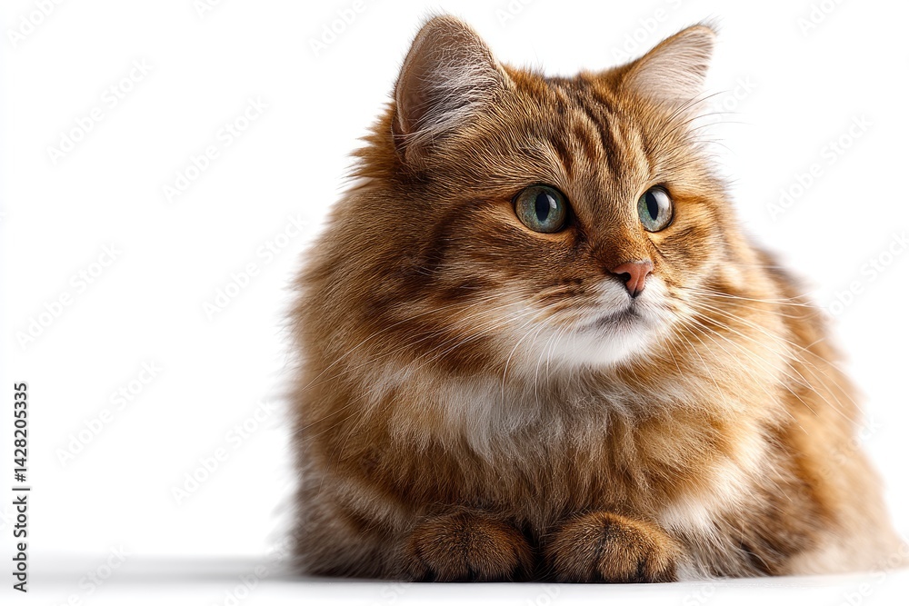 Obraz premium Fluffy Brown Cat on White Background
