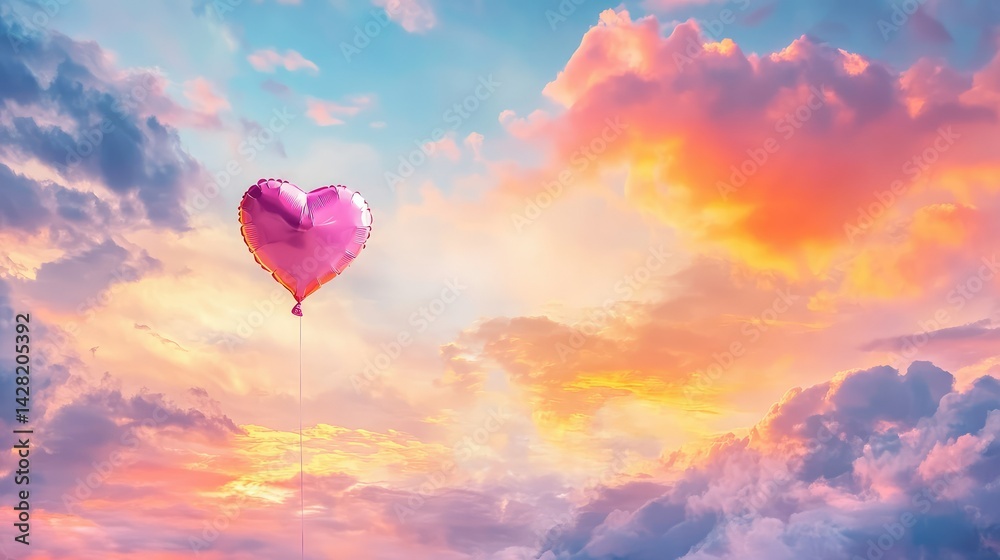 Fototapeta premium Serene atmosphere with a pink heart balloon floating high in a beautiful cloudy sky
