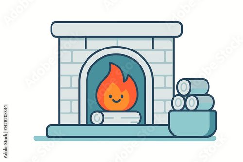 Cozy fireplace with cheerful flame and firewood stack  