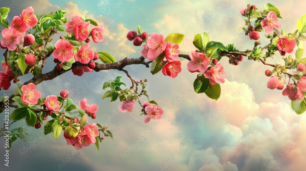 Spring-themed image with pink blossoms emerging from leafy branch and soft background Spring-themed image with pink blossoms emerging from leafy branch and soft background