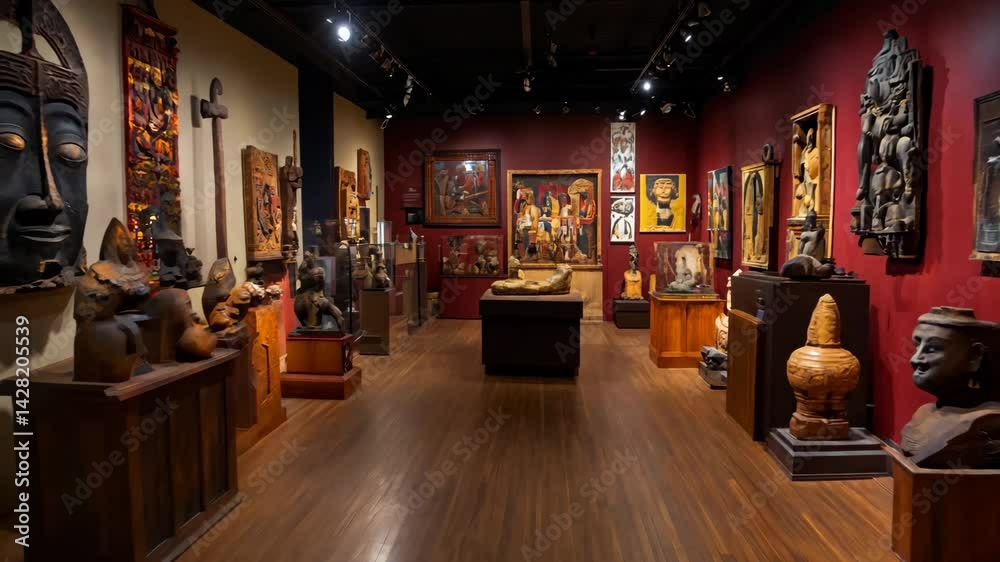 A richly curated museum gallery featuring a diverse collection of cultural artifacts, traditional sculptures, ancient masks, and historical artworks from various civilizations A richly curated museum gallery featuring a diverse collection of cultural artifacts, traditional sculptures, ancient masks, and historical artworks from various civilizations