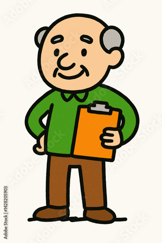 Elderly man smiling with a clipboard on a light background  