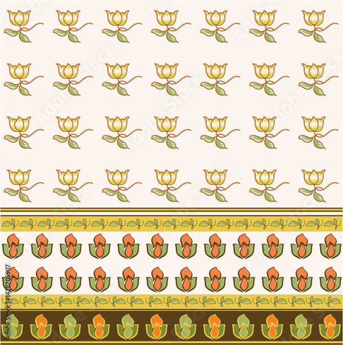 Ikat Tulips with Border Block Print Repeat Vector Traditional Pattern