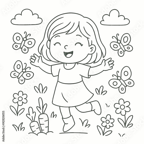 Girl happily playing among flowers and butterflies in a garden  