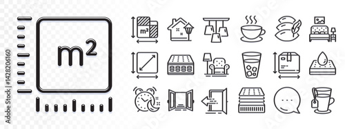 Entrance, Ice tea and Square meter line icons for web app. Glare of light effect. Message icon. Pack of Square area, Ceiling lamp, Cappuccino pictogram icons. Alarm, Tea, Open door signs. Vector