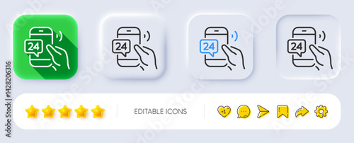 24 hour service line icon. Neumorphic, Flat shadow, 3d buttons. Call support sign. Feedback chat symbol. Line 24h service icon. Social media icons. Vector