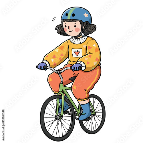Young girl happily riding a unicycle in a colorful outfit  