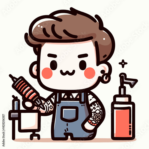 Cute Tattoo Artist Holding Tattoo Machine and Ink Bottle  