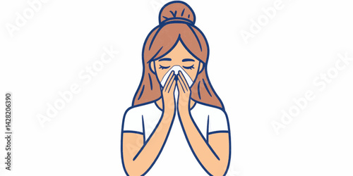 Cartoon vector illustration of a woman sneezing into a tissue with germs floating around her for health blogs,allergy sites, cold and flu information.