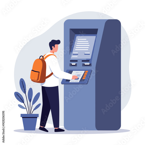 Man using ATM with backpack in a modern environment  