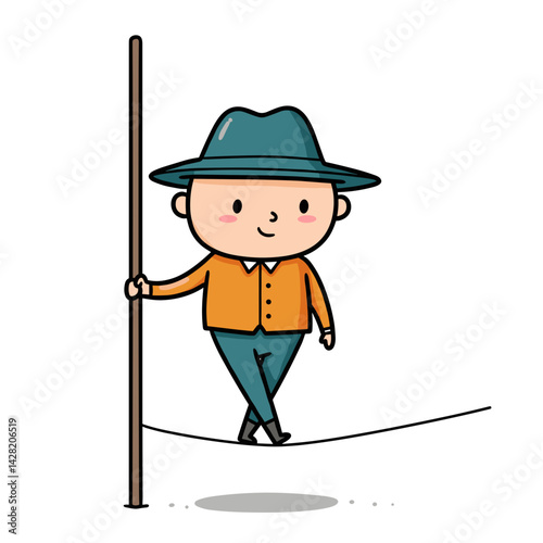 Tightrope walker balancing with a pole on a thin line  