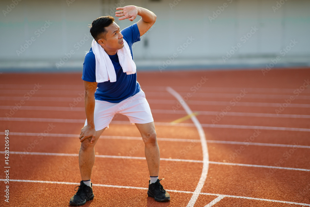 Obraz premium Asian man in blue t shirt standing with hands on his knee and looking up with hand on his eyes.