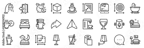 Tea mug, Alarm and Coffee machine line icons pack. Share, Message, Paper plane icons. Pillows, Entrance, Coffee break web icon. Bath, Wall lamp, Wine glass pictogram. Vector