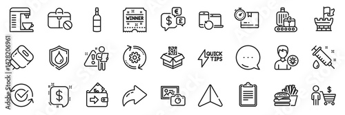 Medical syringe, Person idea and Buyer line icons pack. Share, Message, Paper plane icons. Cardboard box, Recovery devices, Qr code web icon. Cogwheel, Brandy bottle, Waterproof pictogram. Vector