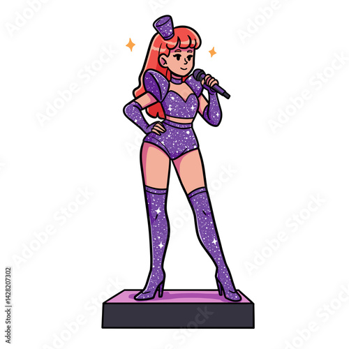 Performer in a glitter outfit singing on a small stage  