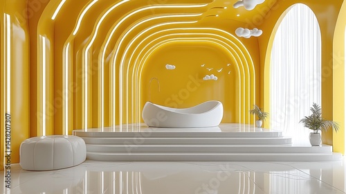Surreal 3D Render of Abstract Minimal Yellow Background with Floating White Clouds in Dreamy Space