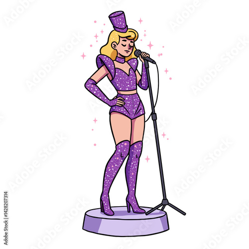 Performer singing confidently on stage in a sparkling outfit  