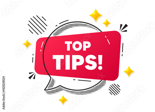 Top tips chat speech bubble. Social media concept. Top tips tag. Education faq sign. Best help assistance. Red chat message. Offer speech bubble. Glare 3d stars. Vector