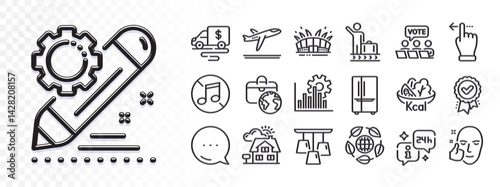 Salad, Departure plane and No music line icons for web app. Glare of light effect. Message icon. Pack of Touchscreen gesture, Approved award, Info pictogram icons. Vector