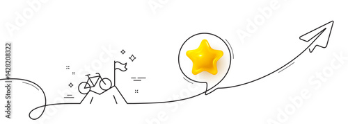 Mountain bike line icon. Continuous line with share plane. Outdoor bicycle transport sign. Sport activity symbol. 3d star in speech bubble. Mountain bike single line ribbon. Loop curve pattern. Vector