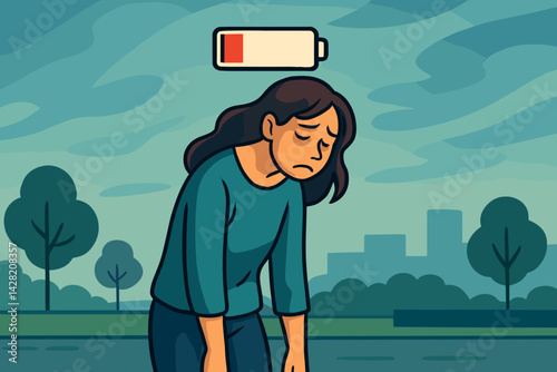 Exhausted woman feeling low energy in a city park  