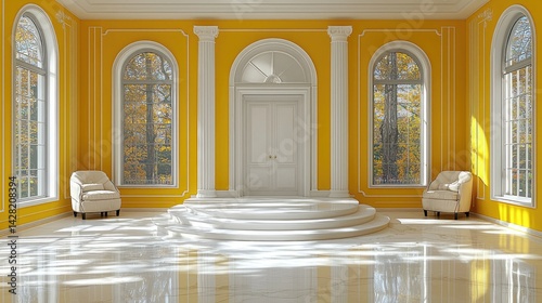 Surreal 3D Render of Abstract Minimal Yellow Background with Floating White Clouds in Dreamy Space