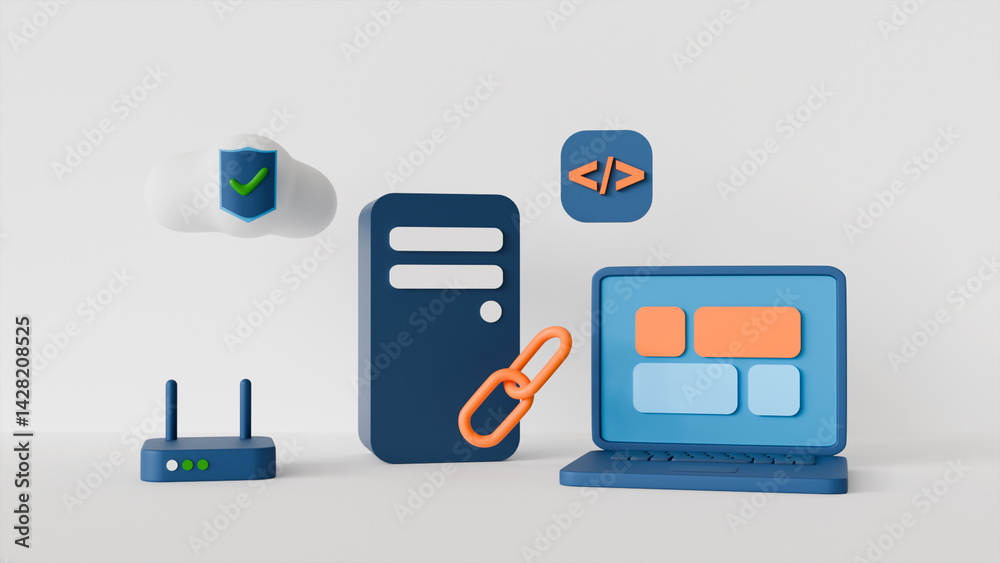 3D laptop with interface on screen, server, router, cloud security and programming symbols, on the topic of IT, business 3D laptop with interface on screen, server, router, cloud security and programming symbols, on the topic of IT, business