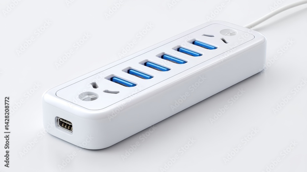Coworking space remote work collaboration concept. A sleek, modern power strip featuring multiple USB ports, designed for efficient charging of electronic devices. Coworking space remote work collaboration concept. A sleek, modern power strip featuring multiple USB ports, designed for efficient charging of electronic devices.