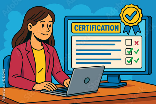 Woman happily completing online certification assessment at desk  
