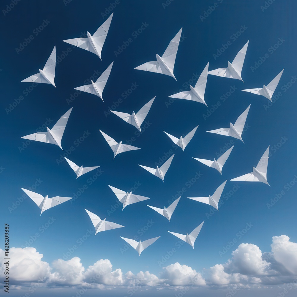 A dynamic scene featuring a cluster of white paper airplanes soaring gracefully through a bright blue sky, their wings catching the sunlight. A dynamic scene featuring a cluster of white paper airplanes soaring gracefully through a bright blue sky, their wings catching the sunlight.