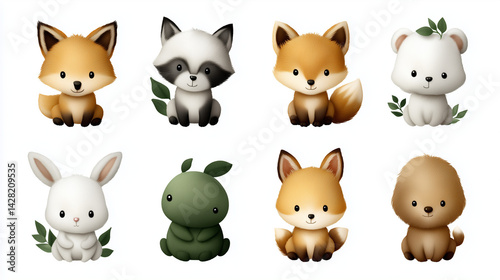 Grid of cute 3d baby animal icons on white background

