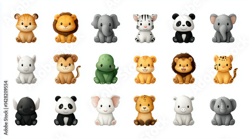 Grid of cute 3d baby animal icons on white background

