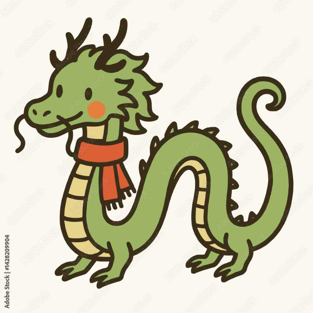 Fototapeta premium Playful Chinese Dragon Wearing Scarf Against Simple Background 