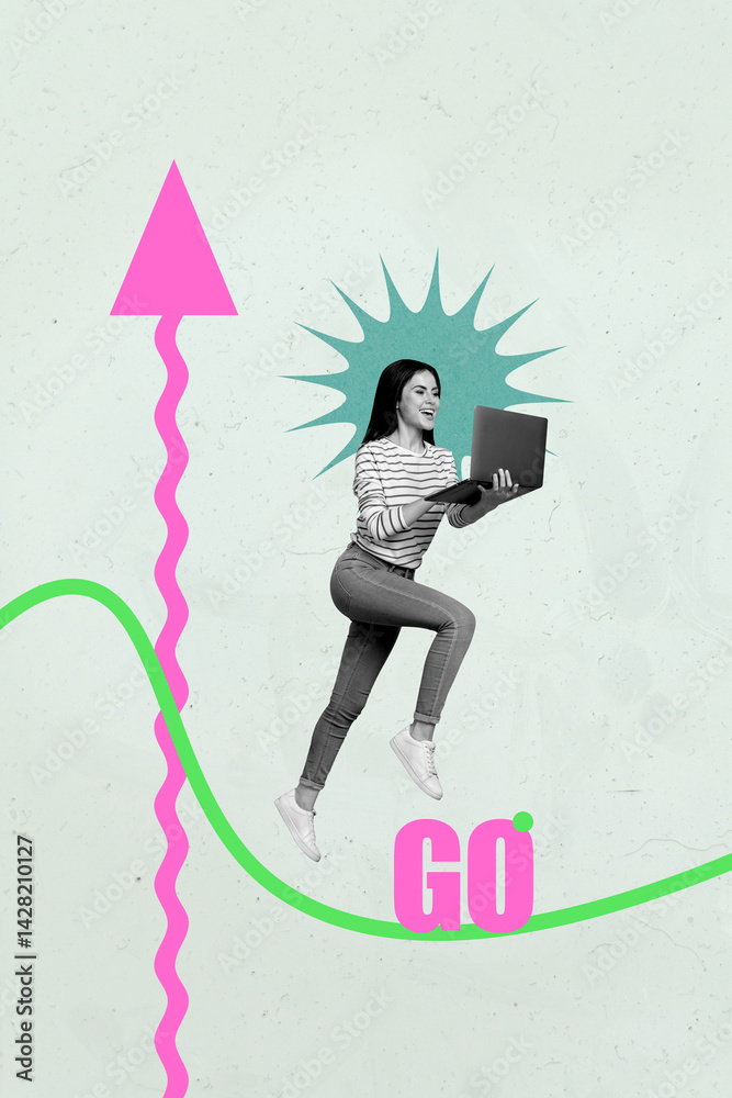 Creative graphics collage of person levitate reach use netbook with arrow up go on pastel color background