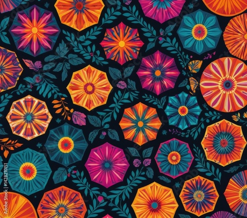 A vibrant, seamless floral pattern vector featuring an array of colorful blossoms, delicate leaves, and intricate details, perfect for textiles or wallpapers.