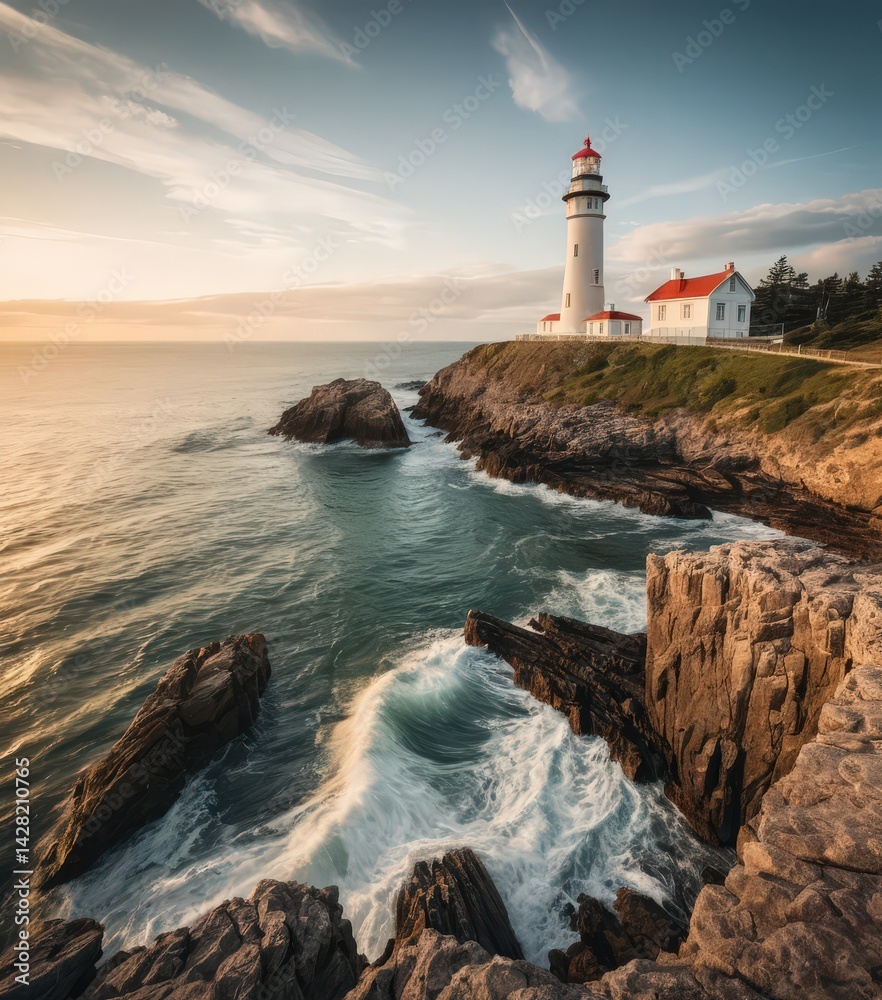 A tall, white lighthouse stands proudly on a rugged, rocky shore, waves crashing against the stones, with a clear blue sky and distant seagulls soaring above. A tall, white lighthouse stands proudly on a rugged, rocky shore, waves crashing against the stones, with a clear blue sky and distant seagulls soaring above.
