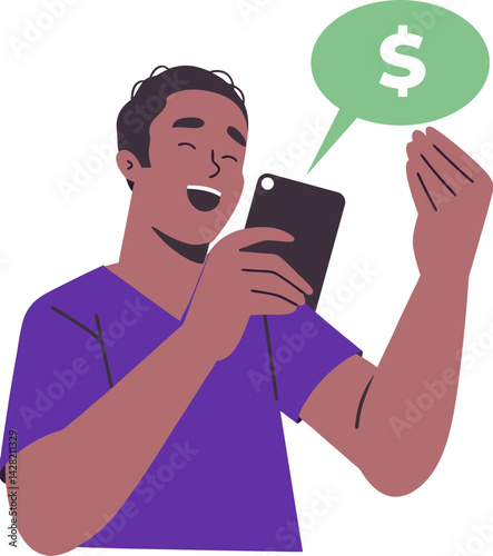 Happy Man Using Smartphone for Mobile Payment – Vector Illustration of Online Financial Transaction