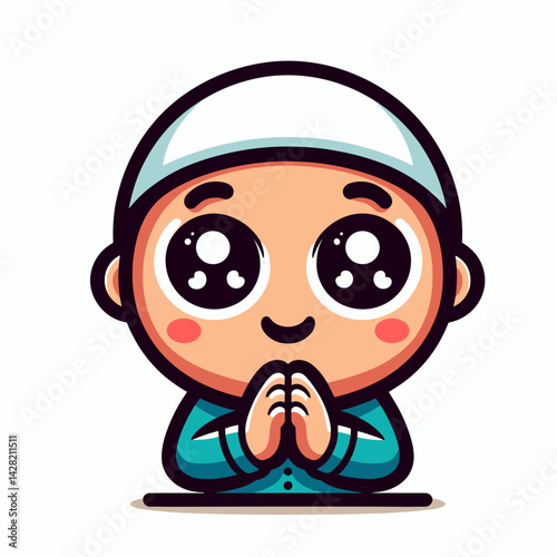 Praying boy with joyful expression, hands clasped in prayer  