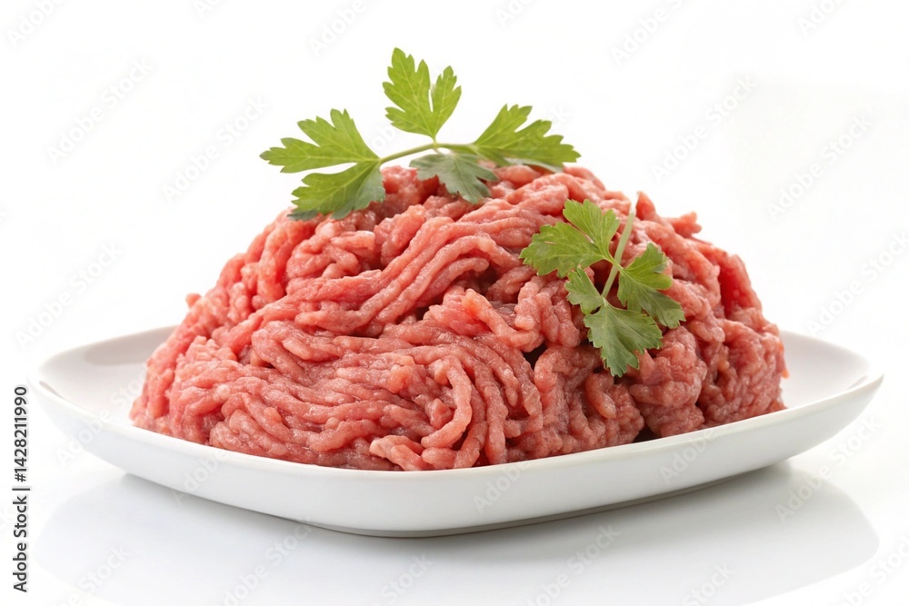 Juicy Raw Ground Beef Close-Up: Fresh Parsley Garnish on Pristine White Plate. High-Resolution Image Perfect for Culinary Blogs, Recipe Websites, and Food Packaging Design. Exceptional Detail and
