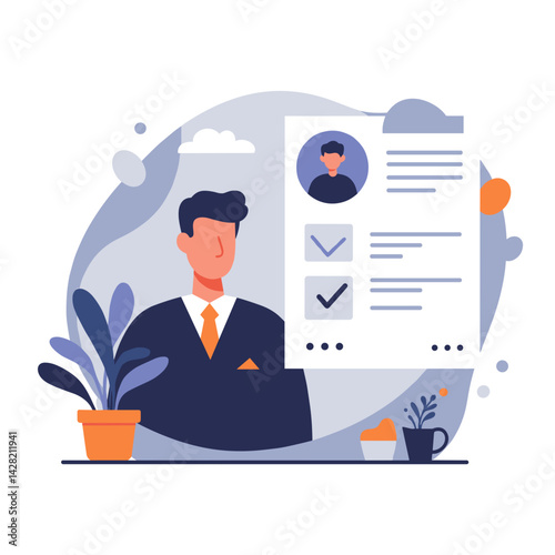Male job candidate presenting resume amid a professional setting  