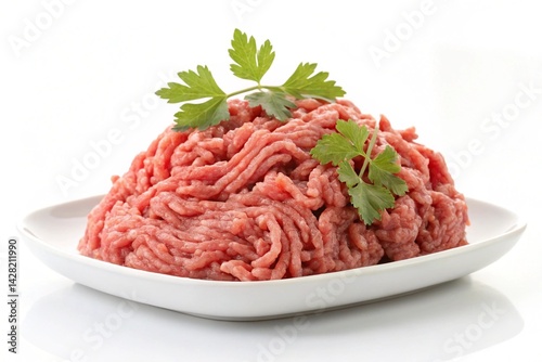Obraz na płótnie Juicy Raw Ground Beef Close-Up: Fresh Parsley Garnish on Pristine White Plate. High-Resolution Image Perfect for Culinary Blogs, Recipe Websites, and Food Packaging Design. Exceptional Detail and w salonie