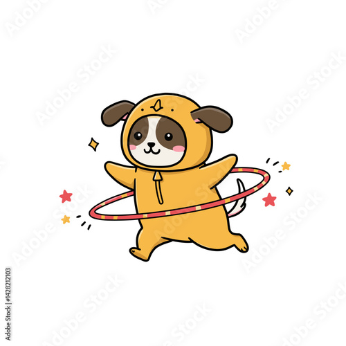 Joyful dog in costume hula hooping with colorful stars  