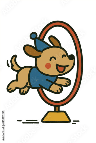 Happy dog jumping through a hoop in a cheerful design  