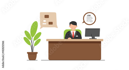 Job Candidate Sitting at Reception Desk with Plants in Background  