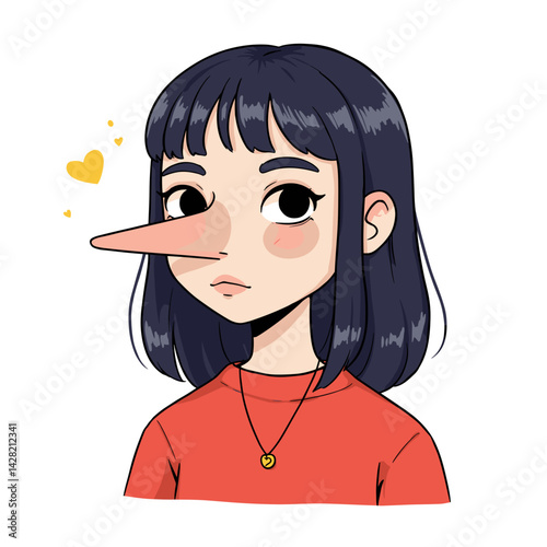 Girl with an elongated nose expressing curiosity against a simple background  