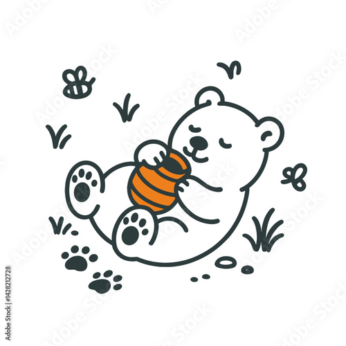 Cute bear enjoying honey in a grassy field with flowers  